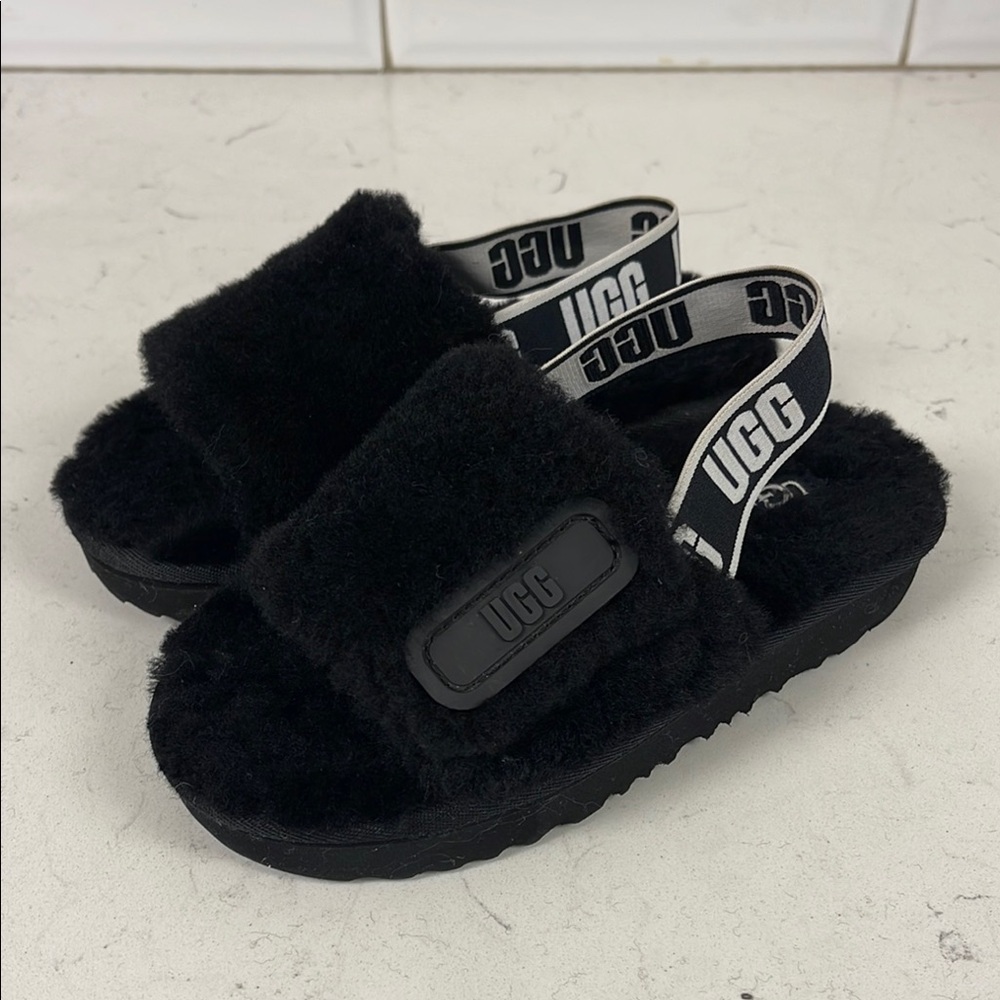 UGG Disco Slide Kids Black Fluffy Sandals - Slippers Size 13